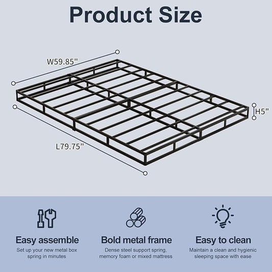 Box Spring, Metal Frame Mattress Foundation with Fabric Cover, Easy Assembly, Noise-Free (5 Inch, Queen)