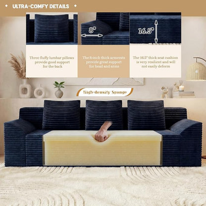71" Corduroy Living Room Sofa, 3 Setaser Deep Seat Couch with 3 Lumbar Pillows, Comfy Boneless Sofa Modern Compressed Couch for Bedroom, Office, Apartment, No Assembly, Curved Armrests (Blue)