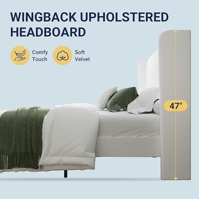 Allewie Queen Size Velvet Platform Bed Frame with Vertical Tufted Wingback Headboard, Easy Assembly, Under Bed Storage, No Box Spring Required, Modern Style, White