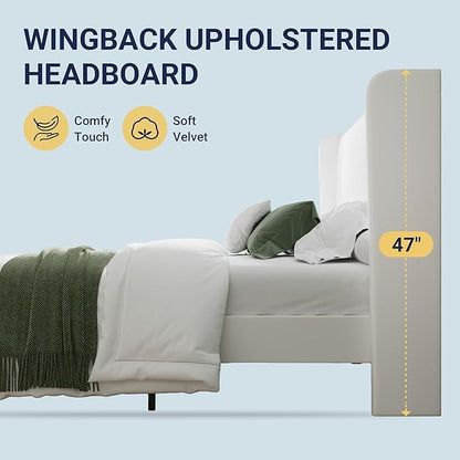 Allewie Queen Size Velvet Platform Bed Frame with Vertical Tufted Wingback Headboard, Easy Assembly, Under Bed Storage, No Box Spring Required, Modern Style, White
