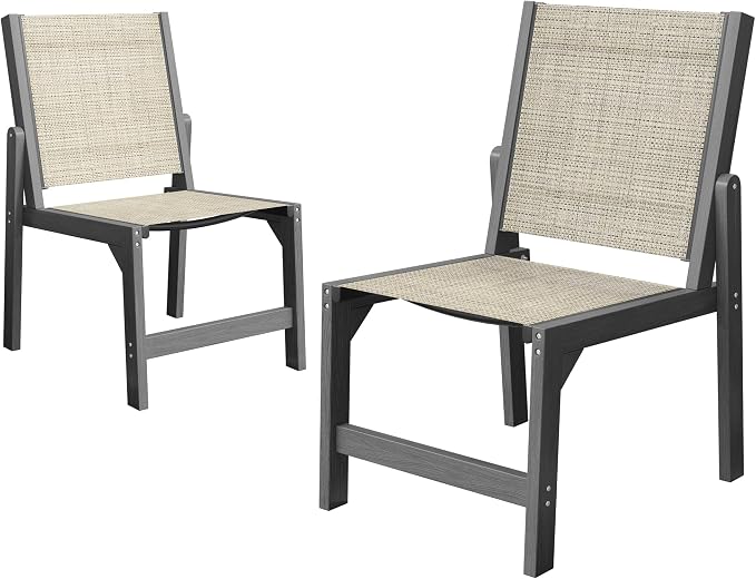 Patio Stackable Chairs Set of 2, HDPE Armless Outdoor Dining Chairs with Wide Seat, All-Weather Textilene Oversized Porch Chair for Garden, Poolside, Backyard, Deck | Grey