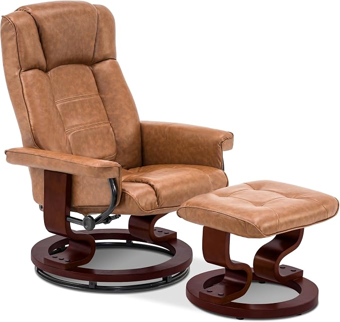 MCombo Manual Swivel Recliner with Ottoman, Chair Ottoman Set for RV Small Spaces, Living Room, Bedroom, Office 9019 4919 (Faux Leather, Saddle)