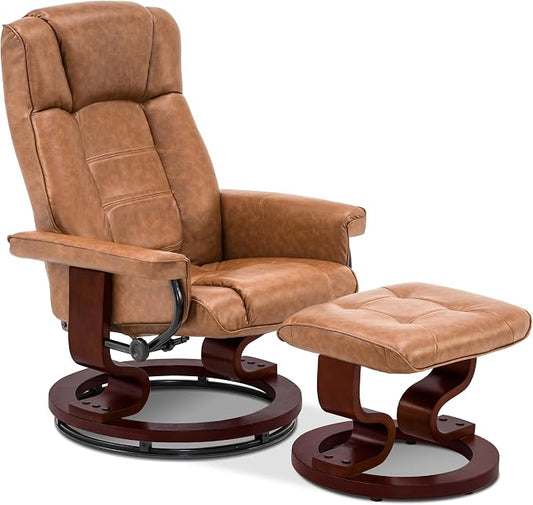 MCombo Manual Swivel Recliner with Ottoman, Chair Ottoman Set for RV Small Spaces, Living Room, Bedroom, Office 9019 4919 (Faux Leather, Saddle)