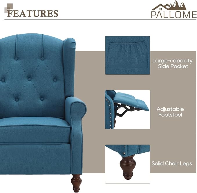 Wingback Recliner Chair with Massage and Heat Tufted Fabric Push Back Arm Chair, Recliner Chair for Living Room Bedroom Home Theater (2,Peacock Blue)