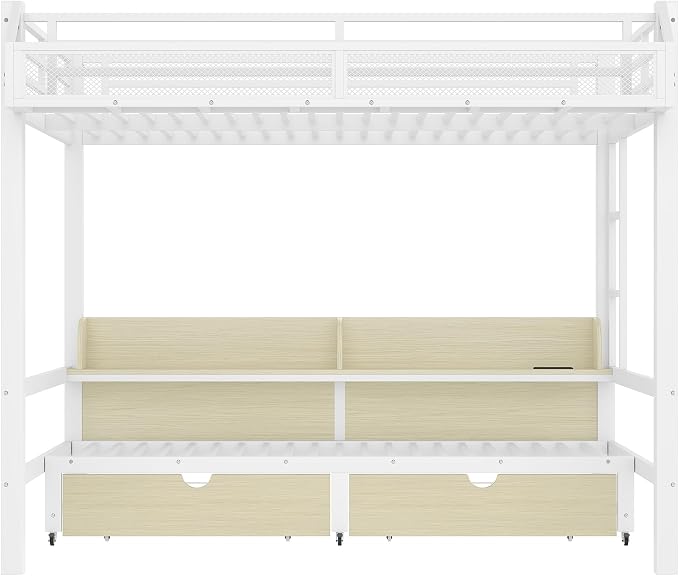 Bellemave Bunk Bed Queen Over Queen，Metal Bunk beds with Storage Shelves and Drawers USB Ports and LED Lights, Lower Bed That can be Converted into a Sofa, White