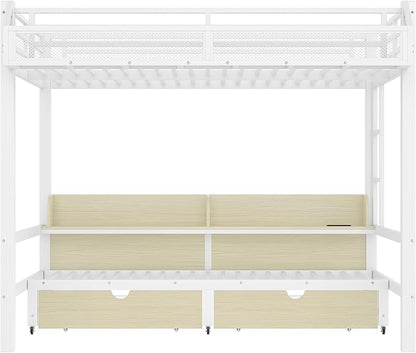 Bellemave Bunk Bed Queen Over Queen，Metal Bunk beds with Storage Shelves and Drawers USB Ports and LED Lights, Lower Bed That can be Converted into a Sofa, White