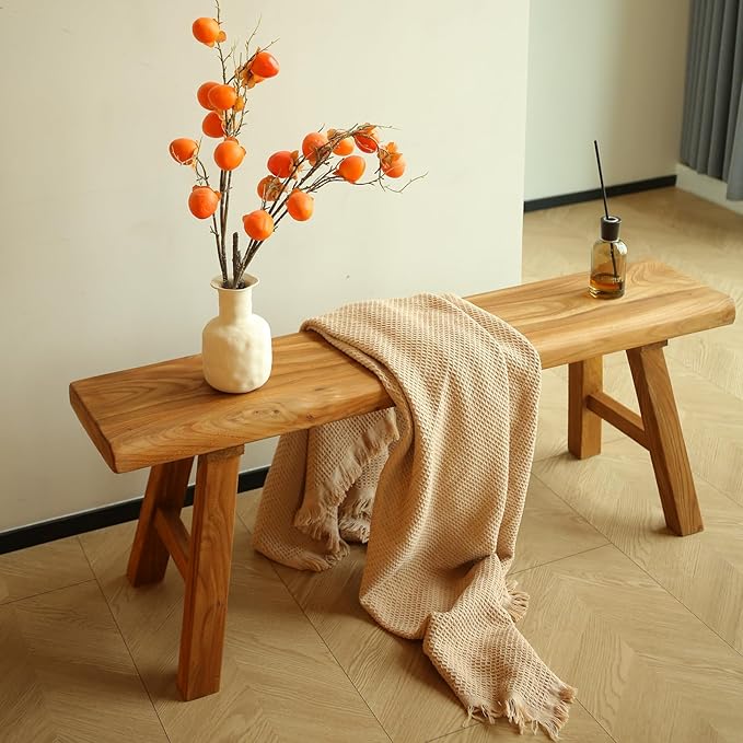 39.5in Wood Bench Indoor – Rustic Farmhouse Entryway Bench, Skinny Bench Design, Made of Extra-Thick Solid Wood, Perfect for Dining Room, Hallway, or End of Bed