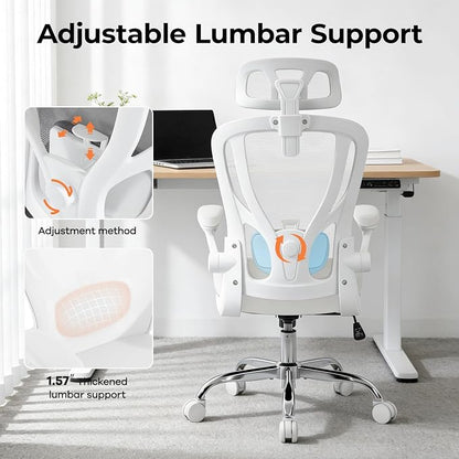 Office Chair Ergonomic Office Chair with Lumbar Support, Head Support, Rocking Function, Flip-up Armrests, Home Office Desk Chair, Suitable for Home, Office, White, 1 Pack