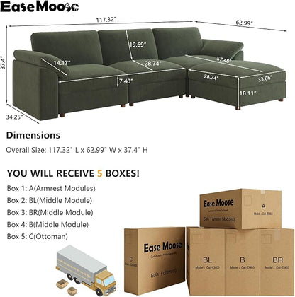 EASE MOOSE Green Sectional Modular Sofa, Oversized Deep Seat Sectional Modular Cloud Couch,Removable Washable