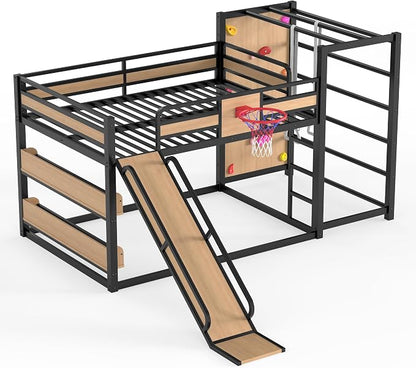 Bellemave Full Size Bunk Bed with Basketball Hoop, Pull-up Rings and Climbing Wall, Full Bunk Bed with Slide and Bookcase, Heavy Duty Bunk Beds with Guardrail, Natural