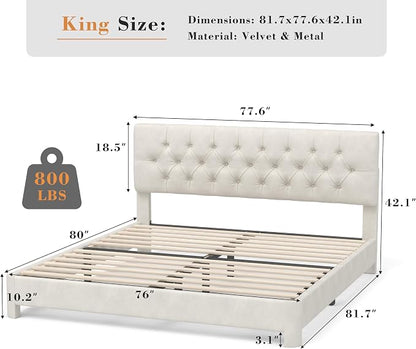 King Size Bed Frame with Headboard, Luxury Velvet Fabric Upholstered Bed frame with Button Tufted Design, Strong Wooden Slats Support - Low & Sturdy, Noise-Free, No Box Spring, Easy Assembly, Beige | Plush velvet