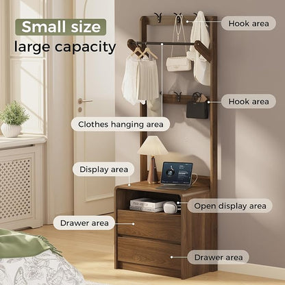 Messenya Mid Century Modern Bedroom Nightstand with Clothes Rack and Hooks | Bedside Table with Hanging Rod, 6 Storage Hooks, Charging Station, Dual Drawers, Rounded Corner, Open Shelf, Walnut Finish