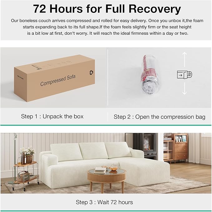 Novilla L-Shape Sectional Couches for Living Room with Smarts Coil® Support, 3 Seater Sectional Sofas for Living Room Bedroom, Corduroy Cloud Couch Sectional, No Assembly(Beige, Right Hand Facing)