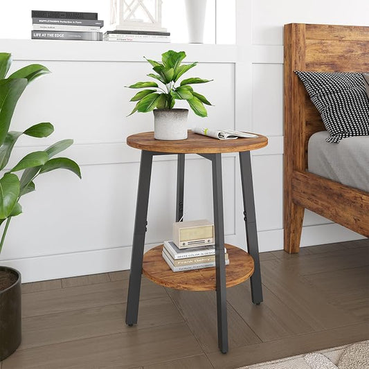 sthmec Side Table Set of 2, Small Round End Table with Storage Shelf for Small Space, 2-Tier Bedside Table Sofa Couch Table, Nightstands Set of 2 Accent Table for Living Room, Bedroom, Rustic Brown