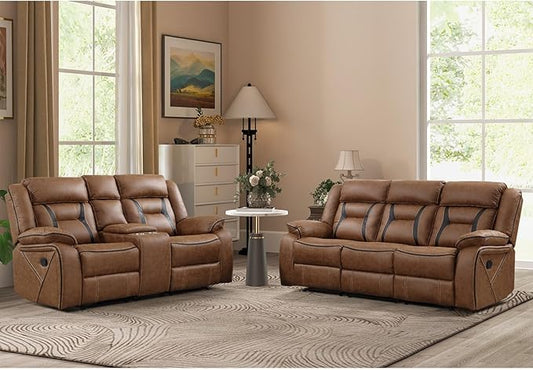 EBELLO Manual Recliner Sofa Set, Faux Leather Reclining Living Room Furniture Set, Included Loveseat and 3 Seat Manual Recliner Sofa, Brown(Loveseat+Sofa)