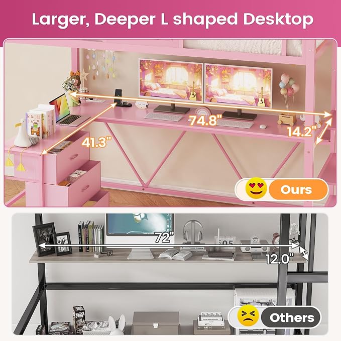 Itaar Stairway Twin Size Loft Bed with L Shaped Desk and Wardrobe, Metal Loft Bed Frame with Stairs, 3 Fabric Drawers, LED Lights & Charging Sation, No Noise & No Box Spring Needed, Pink
