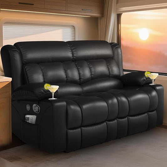 RV Loveseat Recliner Sofa, Reclining Loveseat Home Theater Seating with USB Ports, Cup Holders, Insert Pockets, Wall Hugger RV Recliners for Movie Room, Recline Movie Seats Gaming Sofa, Black