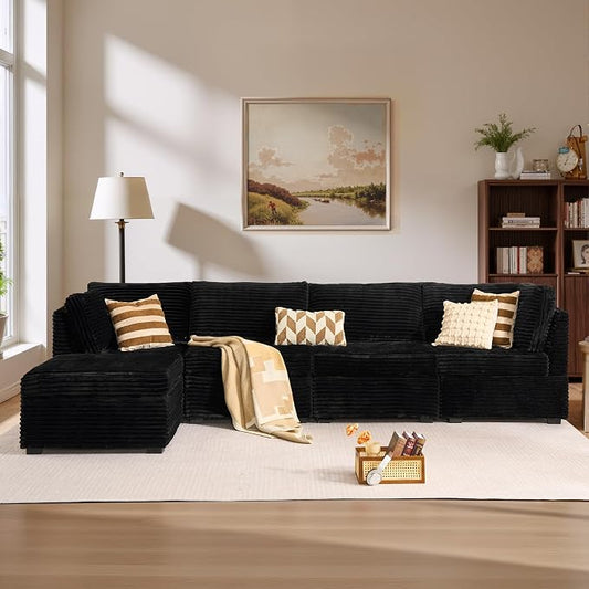 ovios Modular Sectional Sofa Couch with L-Shape Chaise Ottoman, Comfy Plush Corduroy Cloud Couches, Modern Luxury Deep Seat Sofas Set for Living Room, 5-Seater, Black
