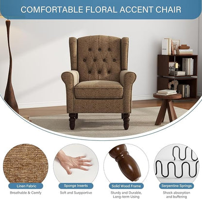 High Back Accent Chair, Fabric Wingback Chair Upholstered Armchair for Living Room, Retro Comfy Single Sofa Bedroom Reading Seat with Solid Wood Legs - Brown