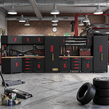17PCS Garage Cabinets and Storage System with Corner Cabinet, Garage Storage Cabinet System,Cabinet Drawers, Workbench, Pegboard for Tool Organization, Red Black