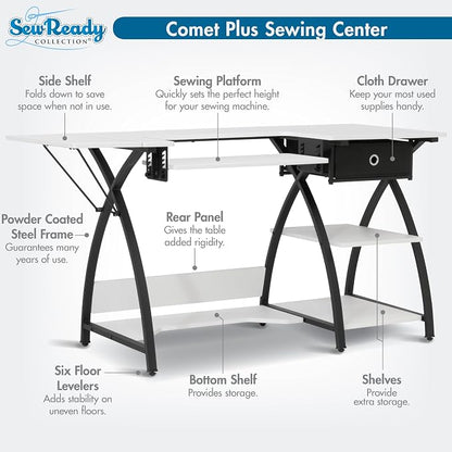 Sew Ready Comet Plus Hobby Sewing Table, 45.5 x 23.5" Overall Platform Size w/ Large Lower Storage Drawer, 2 Side Shelves & Cloth Drawer, Black/White
