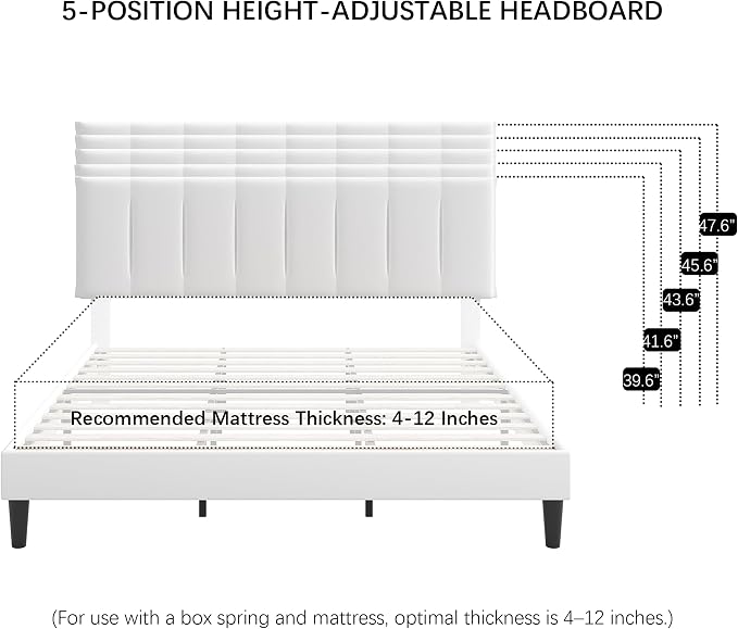 VECELO King Size Bed Frame with Upholstered Headboard, Heavy-Duty Bedframe with Strong Wooden Slats Support, No Boxing Spring Needed, Pure White