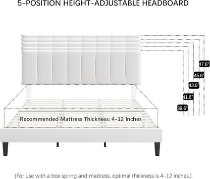 VECELO King Size Bed Frame with Upholstered Headboard, Heavy-Duty Bedframe with Strong Wooden Slats Support, No Boxing Spring Needed, Pure White