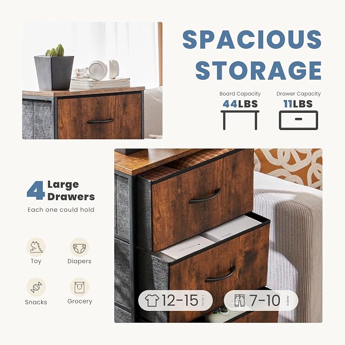 DUMOS Nightstand with 4 Drawers, Fabric Dresser Bedside Table with Removable Bins, Sturdy Steel Frame Wood Top Organizer Furniture for Bedroom Dorm Closet Living Room