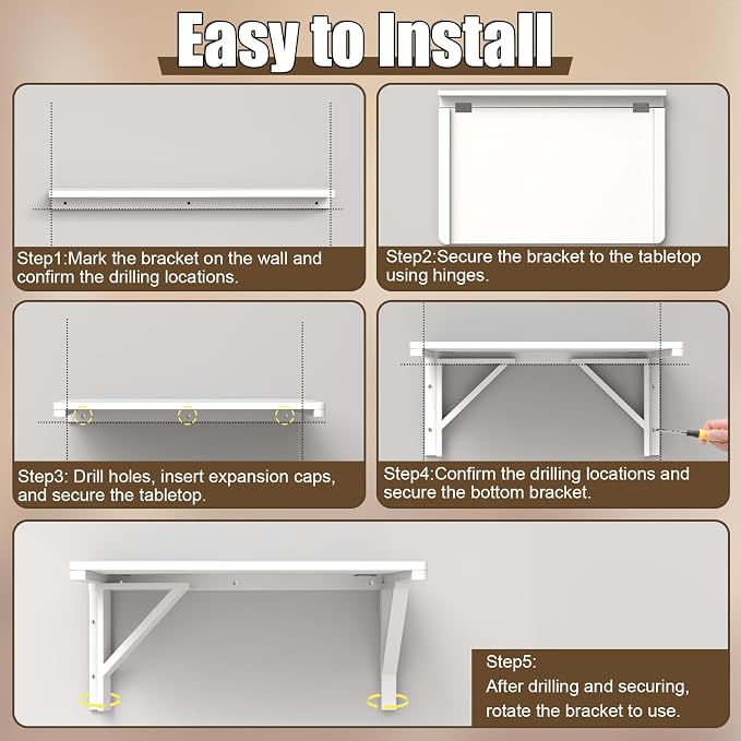 MM MELISEN Wall Mounted Folding Table, 23.6"L x 15.7"W, White, Space-Saving Design