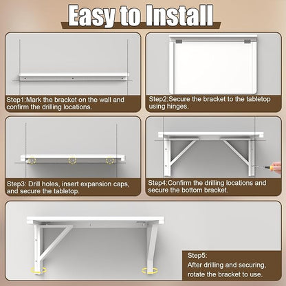 MM MELISEN Wall Mounted Folding Table, 23.6"L x 15.7"W, White, Space-Saving Design