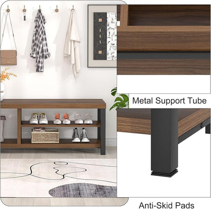 FOLUBAN Entryway Bench, Modern Wood Shoe Bench for Living Room Hallway, Industrial Indoor Shoe Storage Bench Seat, Rustic Walnut, 47 Inch