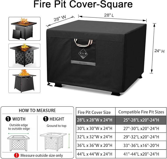 QH.HOME Fire Pit Cover Square, 28 inch Firepit Covers,Heavy Duty Fabric 100% Waterproof, Fits Outdoor for 25inch,27 inch,28 inch Square, Fireplace Cover,Gas Fire Pit Cover (28”L x 28”W x 24”H,Black)