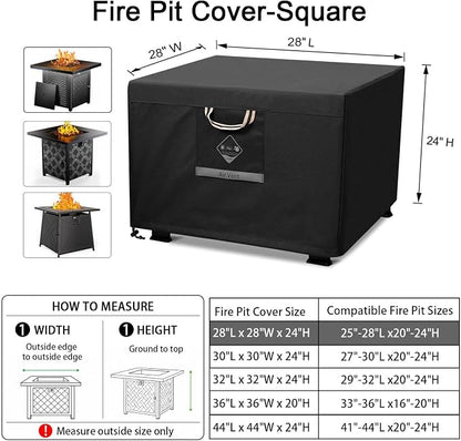 QH.HOME Fire Pit Cover Square, 28 inch Firepit Covers,Heavy Duty Fabric 100% Waterproof, Fits Outdoor for 25inch,27 inch,28 inch Square, Fireplace Cover,Gas Fire Pit Cover (28”L x 28”W x 24”H,Black)