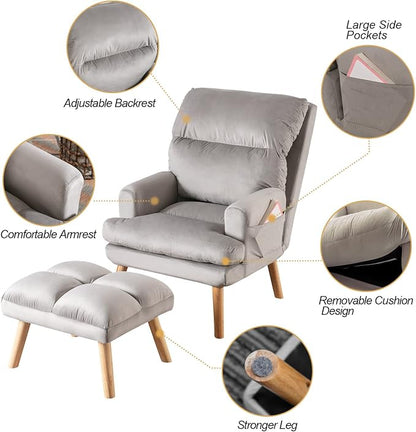 CANMOV Modern Accent Chair with Ottoman, Soft Fabric Armchair with Adjustable Backrest and Side Pockets, Comfy Lounge Chair for Living Room, Bedroom, Apartment, Office, Grey