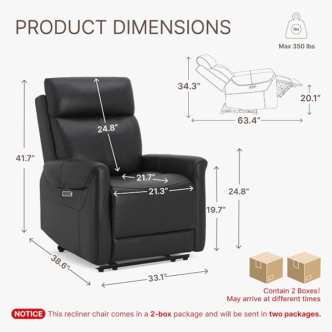 KISLOT Leather Recliner Chair for Adults Wall Hugger RV Recliner with USB Charging Ports Electric Power Reclining Sofa for Living Room Home Theater Seating Bedroom