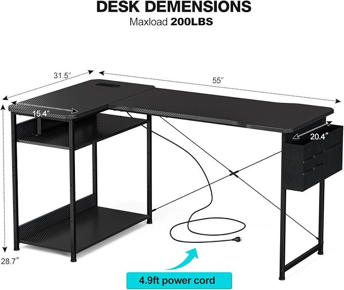 Acrolix L Shaped Gaming Desk 55 Inch - Computer Corner Desk with Power Outlets, Reversible Shelves & Storage Bag for Home Office, PC Gaming Table, Black Carbon