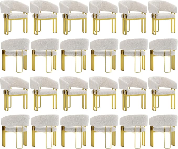 Boucle Dining Chairs Set of 24, Off White and Gold Dining Room Chairs with Arms for Kitchen, Luxury Side Chairs with U-Shaped Brushed Gold Metal Legs