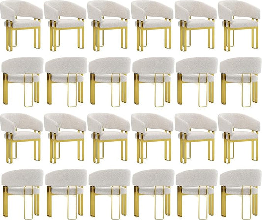 Boucle Dining Chairs Set of 24, Off White and Gold Dining Room Chairs with Arms for Kitchen, Luxury Side Chairs with U-Shaped Brushed Gold Metal Legs