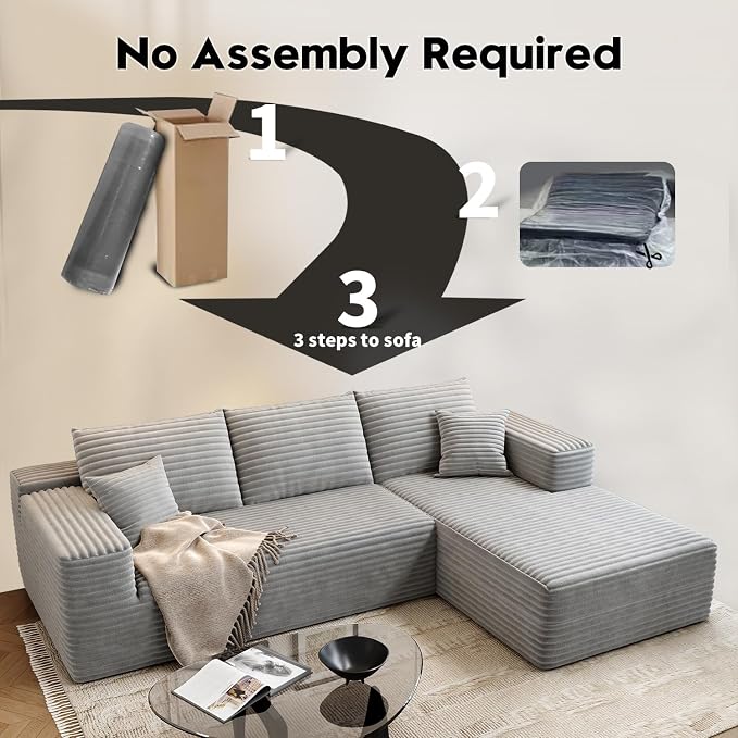 107.5" Cloud Modular Sectional Sofa Couch with L-Shape Chaise,Modern Minimalist Upholstered Couches for Living Room Bedroom,Deep Seat Corner Couch，No Assembly Required (Grey,Right Facing Chaise)