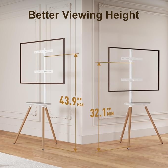 Tripod Easel TV Stand for 43–65 Inch TVs, Height Adjustable Swivel Floor Stand with Wooden Tray and Cable Management, VESA 400x400, Minimalist White