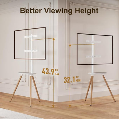 Tripod Easel TV Stand for 43–65 Inch TVs, Height Adjustable Swivel Floor Stand with Wooden Tray and Cable Management, VESA 400x400, Minimalist White