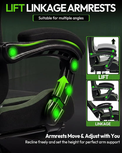 Dowinx Ergonomic Gaming Chair with Footrest & Massage Lumbar, 2D-Linkage Armrests for Computer Chair 330lbs with Headrest Pillow for Office, Home, Streaming and Long Gaming Sessions, Fabric Dark Green