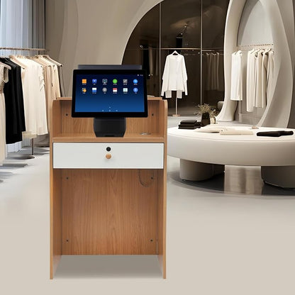 Reception Desk with Counter LED Light, Modern Front Desk with Lockable Drawer, Retail Checkout Counter for Clothing Store Lobby Beauty Salon, Oak Color