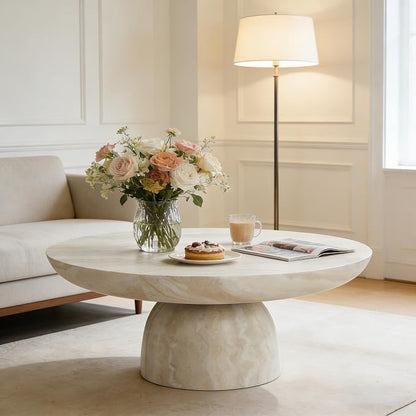 31.5" Round Marble Coffee Table, Modern Pedestal Coffee Table Faux Stone Drum Center Table with Base, Accent Concrete Side End Table for Living Room Apartment Home Office