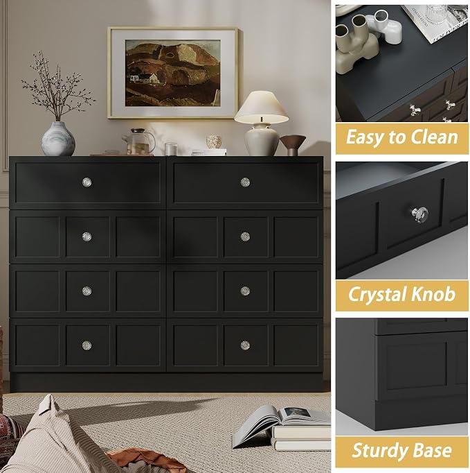 8 Drawer Dresser for Bedroom: 47" Black Chest of Drawers with Deep Drawers, Tall Modern Dresser with Storage, Fluted Wood Dressers for Bedroom, Living Room