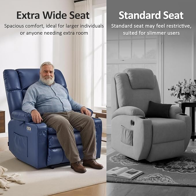 MCombo Small Dual Motor Power Lift Recliner Chair for Elderly, Zero Gravity Lift Chair with Heat and Massage, Lay Flat Recliner for Petite, USB Ports, Faux Leather R7894 (Small-Wide, Blue)