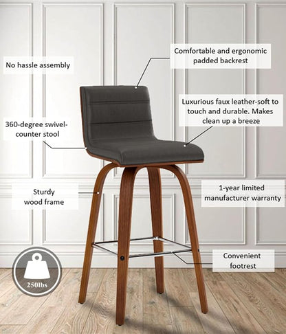 Armen Living Vienna 26" Counter Height Swivel Grey Faux Leather and Walnut Wood Bar Stool
