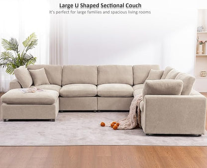 Oversized Modular Sectional Sofa Couch for Living Room, Light Camel | Large 7 Seater Corner Sofa | Modern U Shaped Sectional | with Ottoman | Spacious Space | Comfy Chenille | for Large Families