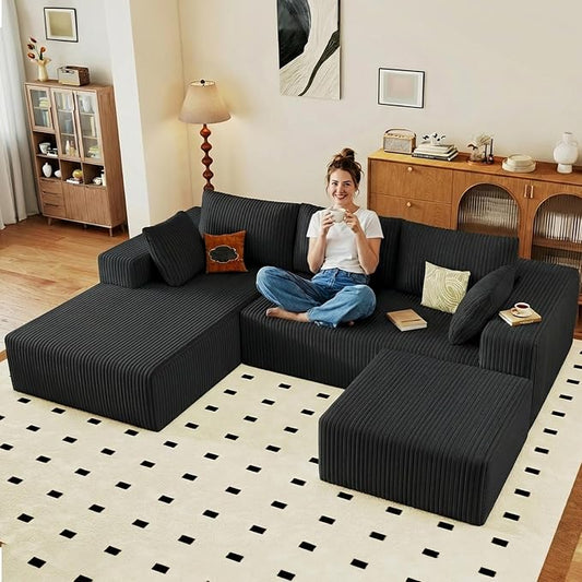 95" Cloud Sectional Couch U-Shaped Chaise with Ottoman, Corduroy Boneless Couch for Living Room Bedroom, Deep-Seat Upholstered Modular Cloud Sofa, No Assembly Required (Black, Left Facing Chaise)