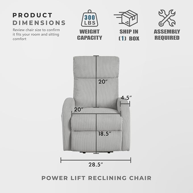 Lexicon Power Lift Recliner Chair for Elderly with Remote Control, Gentle Lift Motion, Side Pocket Armrest, Corduroy Upholstered Electric Recliner for Living Room/Bedroom, Easy Assembly, Light Gray